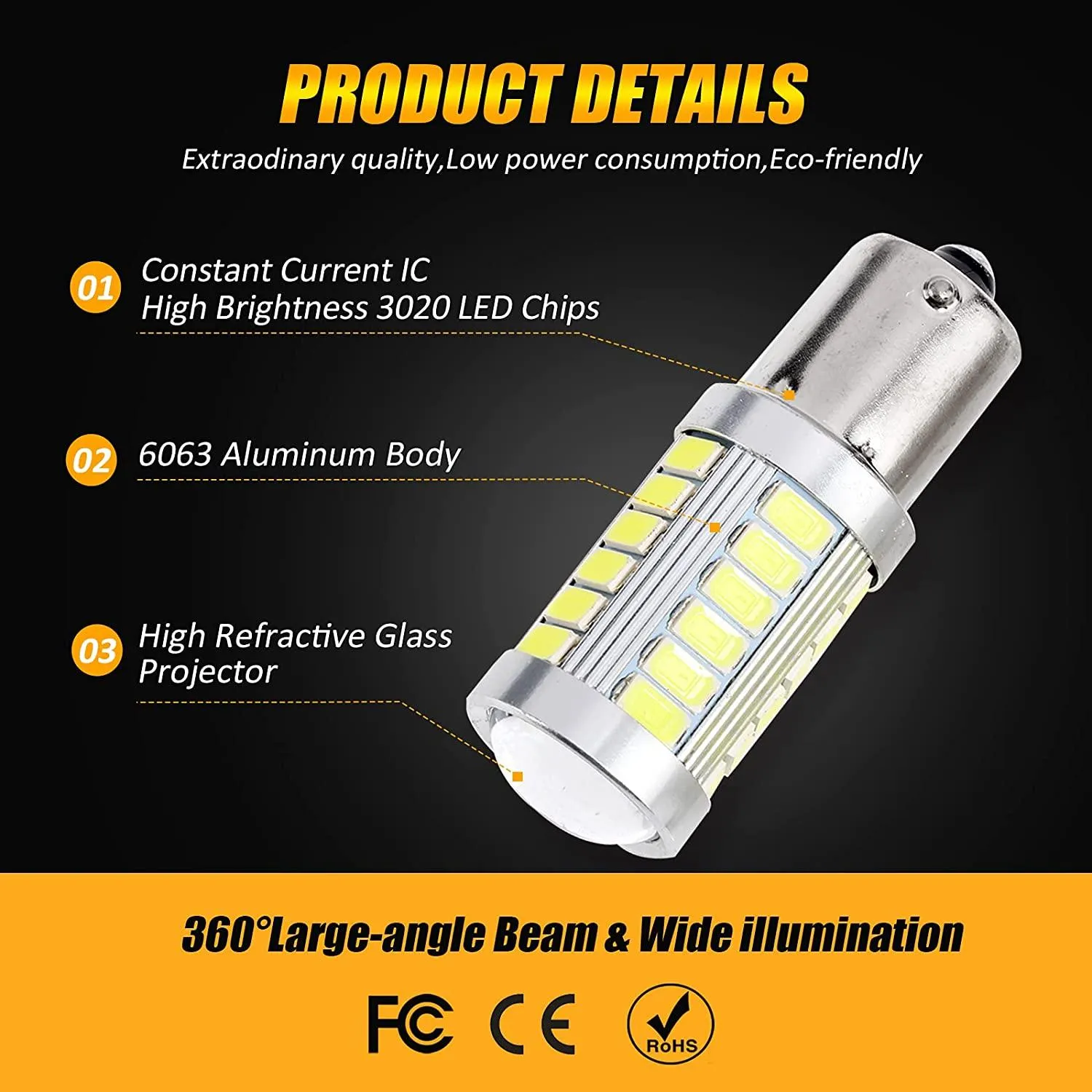 1156 P21W BA15S LED Turn Signal Light Rear/Front, Side Maker Light Bulbs 20W 4000LM 3500K Amber 33LED Series | 2 Bulbs