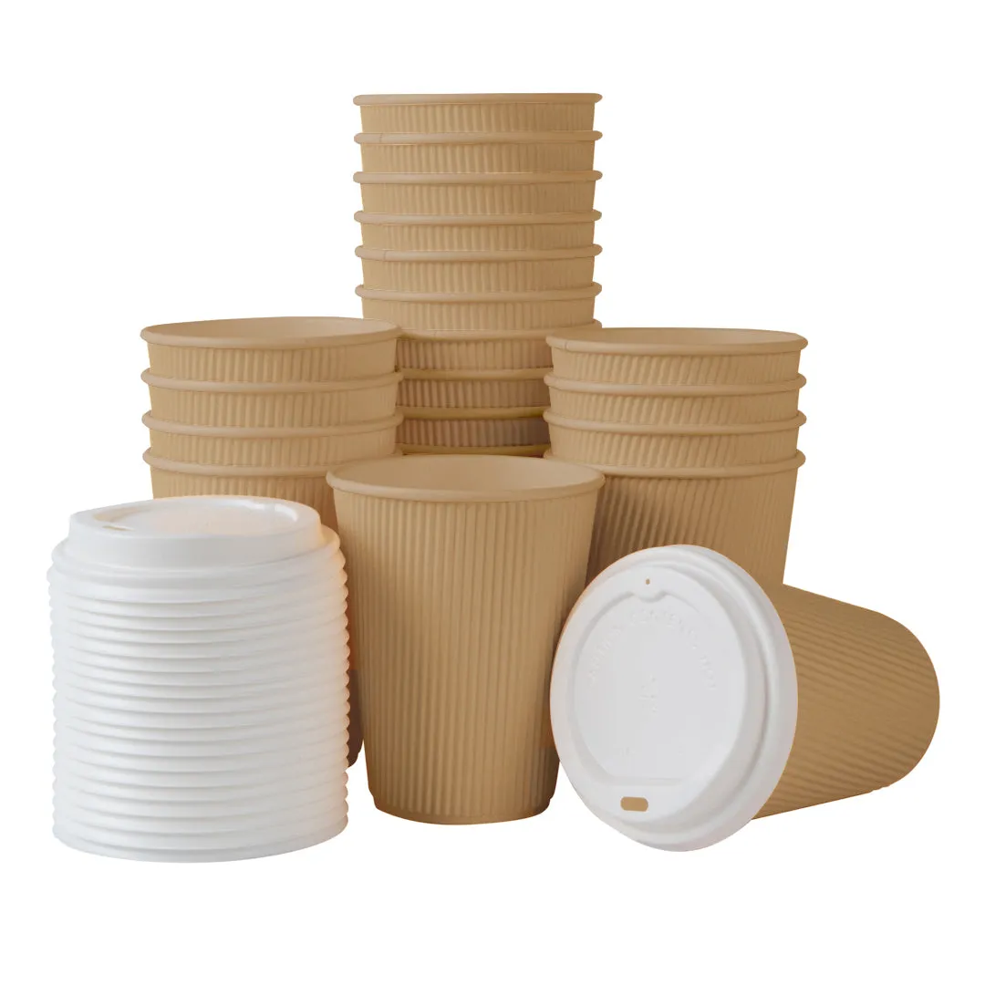 12 oz Kraft Paper Ripple Wall Coffee Cup - with White Lid - 3 1/2" x 3 1/2" x 5" - 20 count box