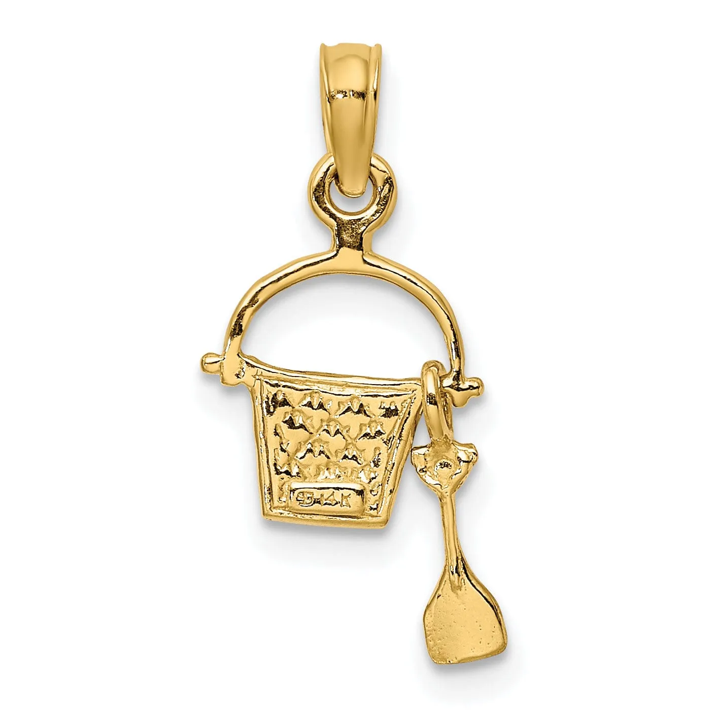 14k Yellow Gold Solid Polished Green Color Enameled Finish Moveable 2-Dimensional Beach Pail with Shovel Charm Pendant