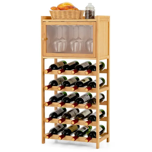 20-Bottle Freestanding Bamboo Wine Rack Cabinet with Display Shelf and Glass Hanger-Natural