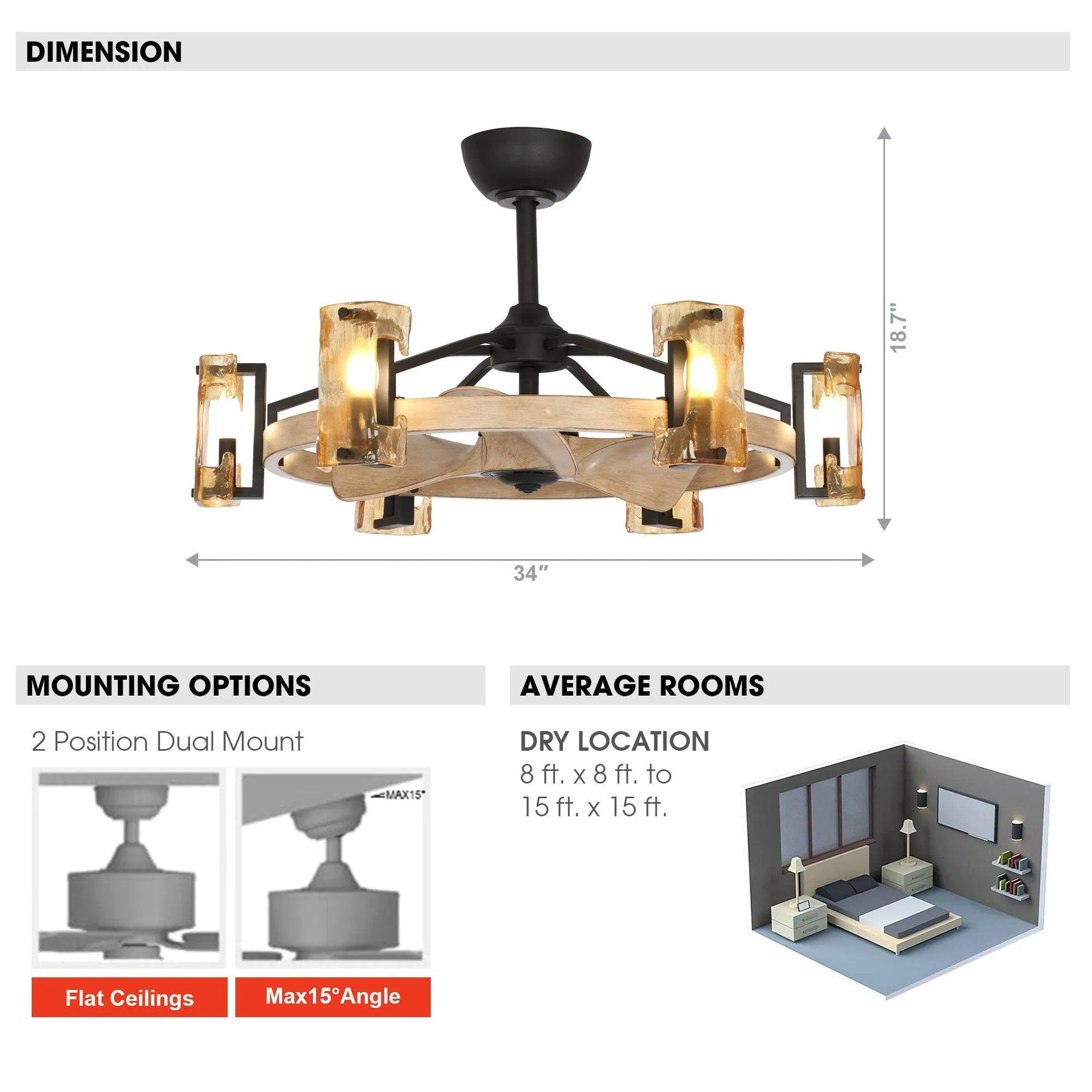 34" Bucholz Farmhouse DC Motor Downrod Mount Reversible Ceiling Fan with Lighting and Remote Control