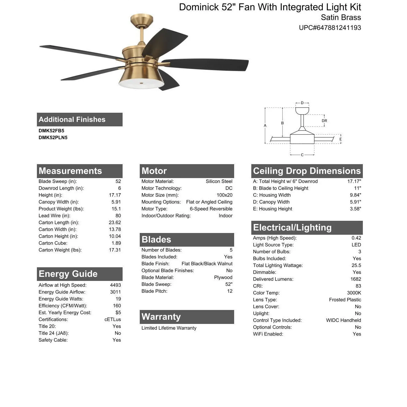 52" Dominick in Satin Brass w/ Flat Black/Black Walnut Blades