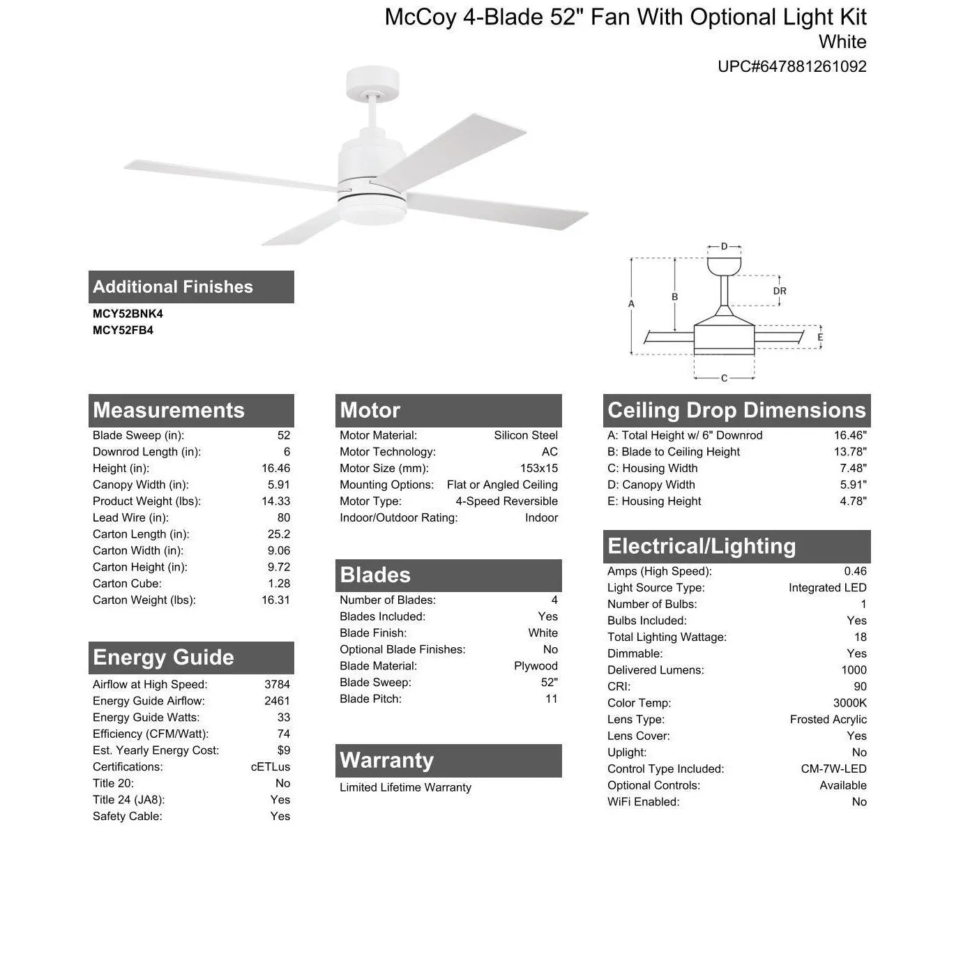 52" McCoy 4-Blade in White w/ White Blades