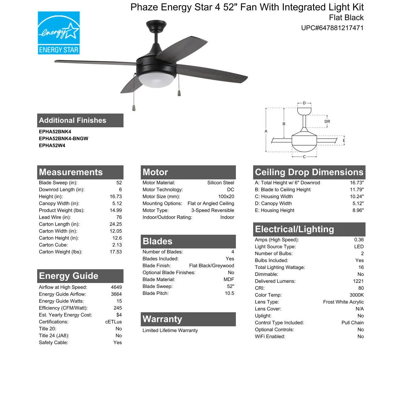 52" Phaze Energy Star 4 in Flat Black w/ Flat Black/Greywood Blades