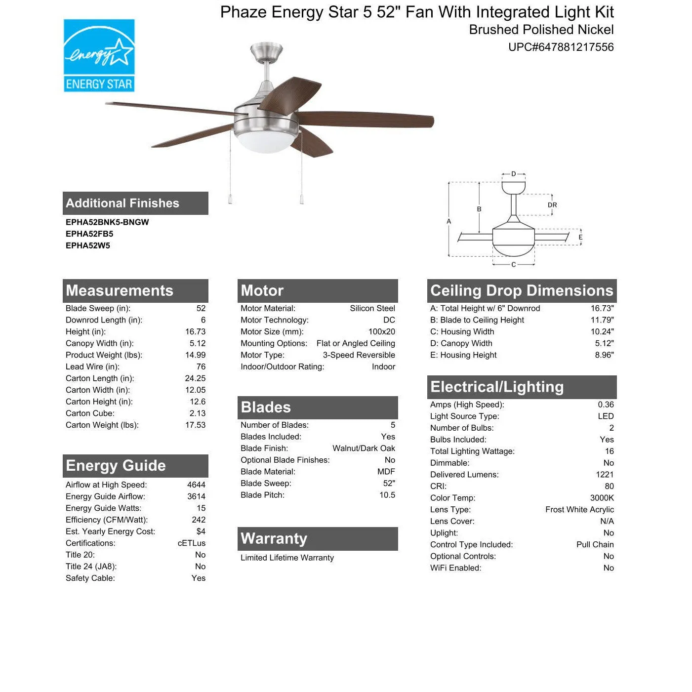 52" Phaze Energy Star 5 in Brushed Polished Nickel w/ Walnut/Dark Oak Blades