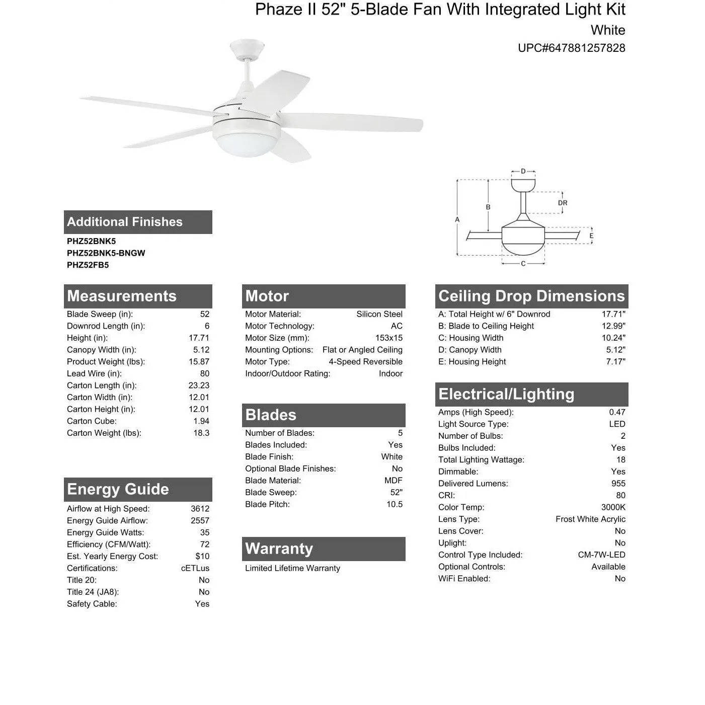 52" Phaze II 5-Blade in White w/ White Blades