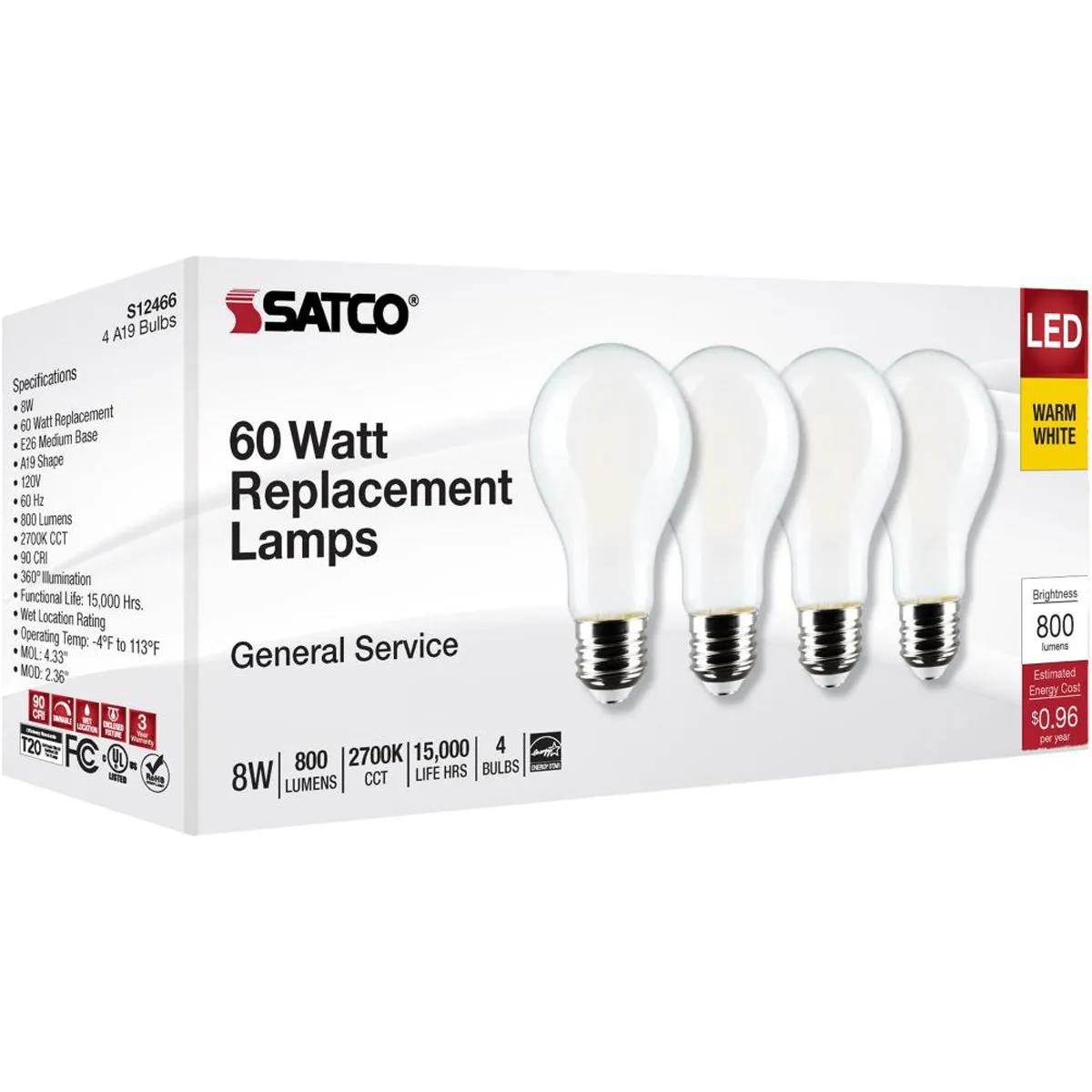 A19 LED Bulb, 60W Equivalent, 8 Watt, 800 Lumens, 2700K, E26 Medium Base, Frosted Finish, Pack Of 4