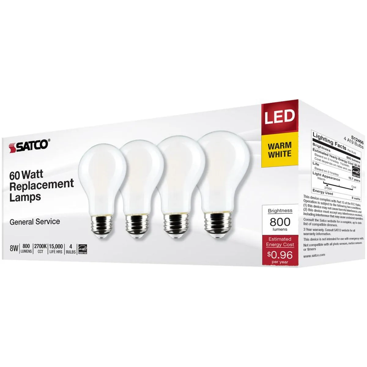 A19 LED Bulb, 60W Equivalent, 8 Watt, 800 Lumens, 2700K, E26 Medium Base, Frosted Finish, Pack Of 4