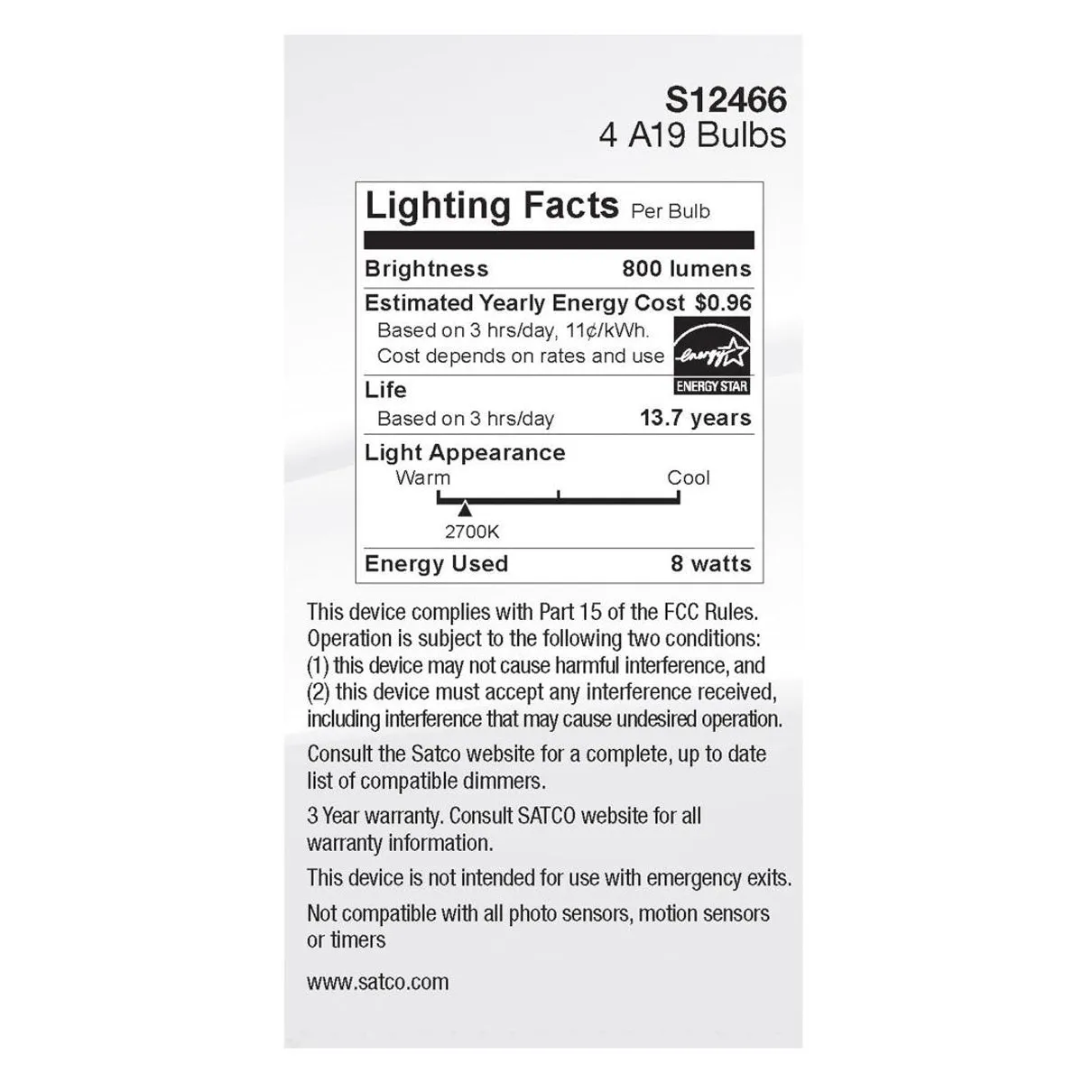 A19 LED Bulb, 60W Equivalent, 8 Watt, 800 Lumens, 2700K, E26 Medium Base, Frosted Finish, Pack Of 4