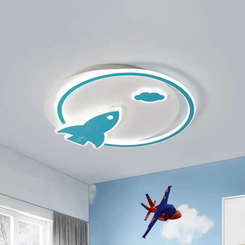 Blue Acrylic Thin Flush Light LED Ceiling Fixture - Kids Spaceship Design