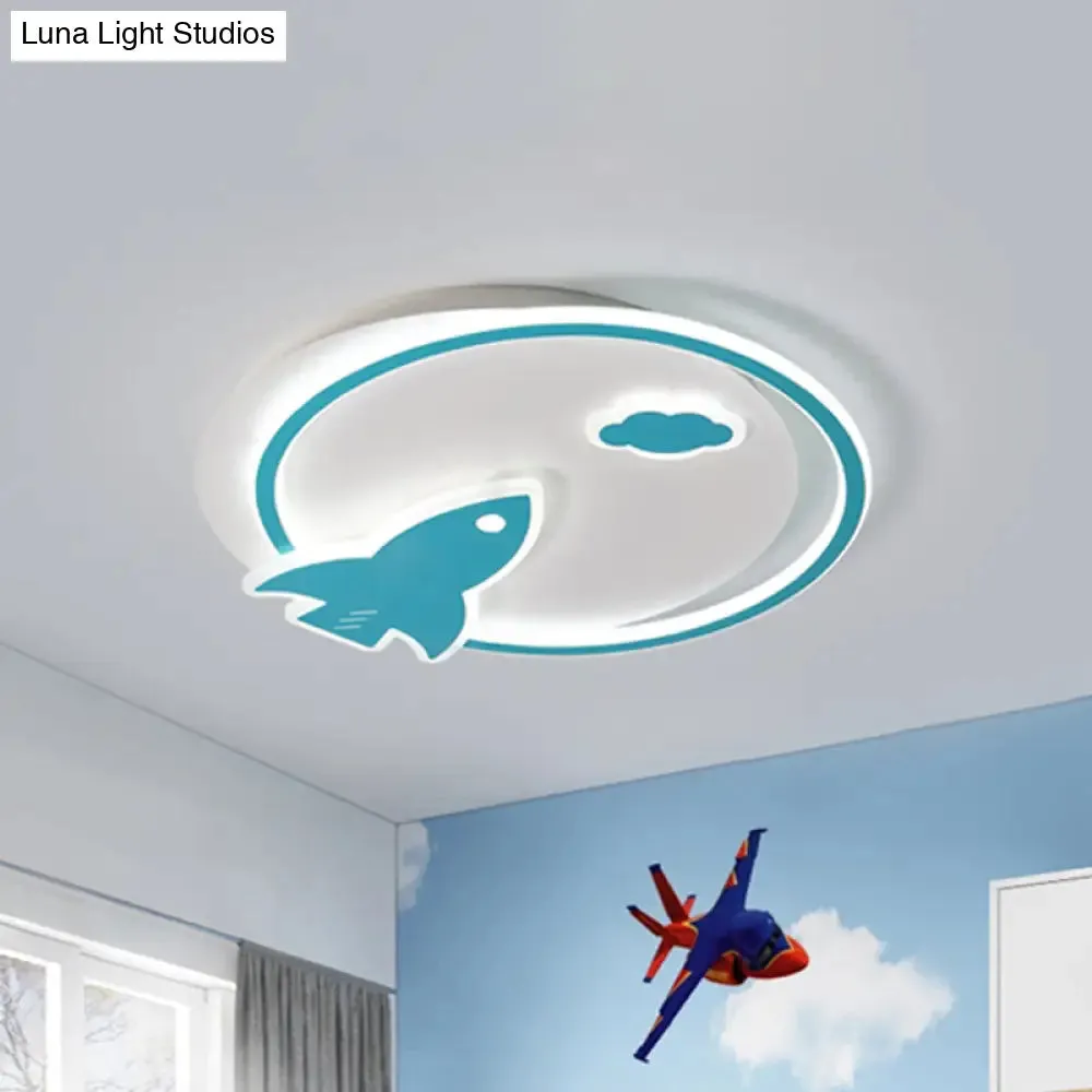 Blue Acrylic Thin Flush Light LED Ceiling Fixture - Kids Spaceship Design