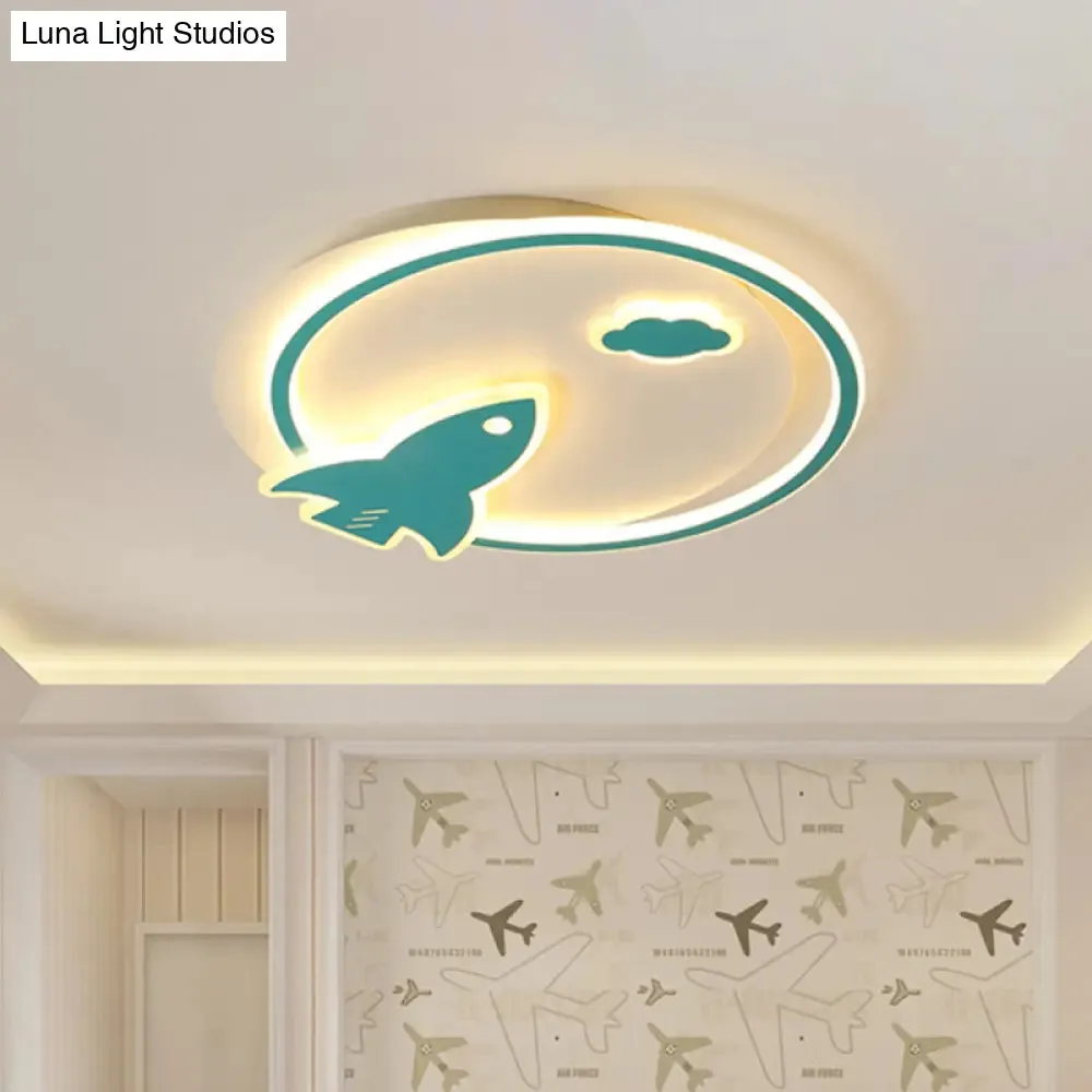 Blue Acrylic Thin Flush Light LED Ceiling Fixture - Kids Spaceship Design