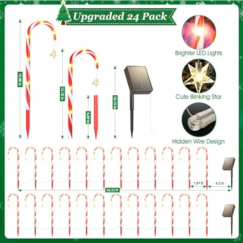 BONLION 24 Pack Christmas Decorations Outside, 56.5ft Long Solar Candy Cane Lights 8 Modes Christmas Lights Outdoor with 144 LED & Bright Star, Waterproof Yard Pathway Outdoor Christmas Decorations