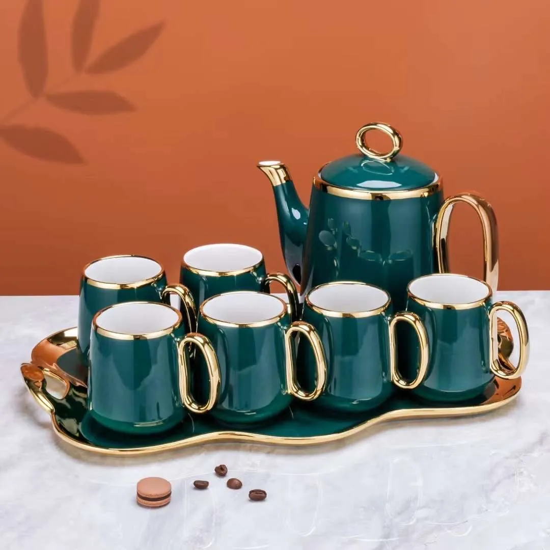 British Style Luxury Porcelain Tea Set With Tray - 8 Pcs