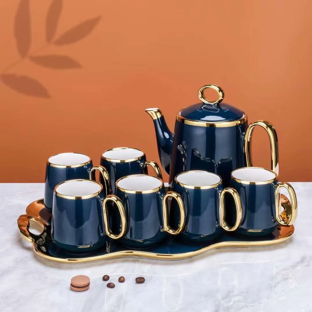 British Style Luxury Porcelain Tea Set With Tray - 8 Pcs