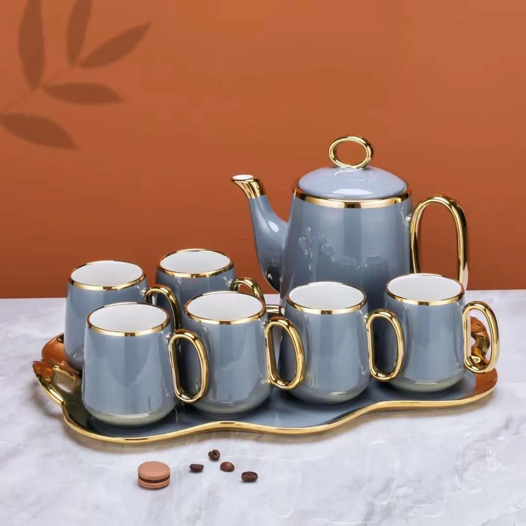 British Style Luxury Porcelain Tea Set With Tray - 8 Pcs