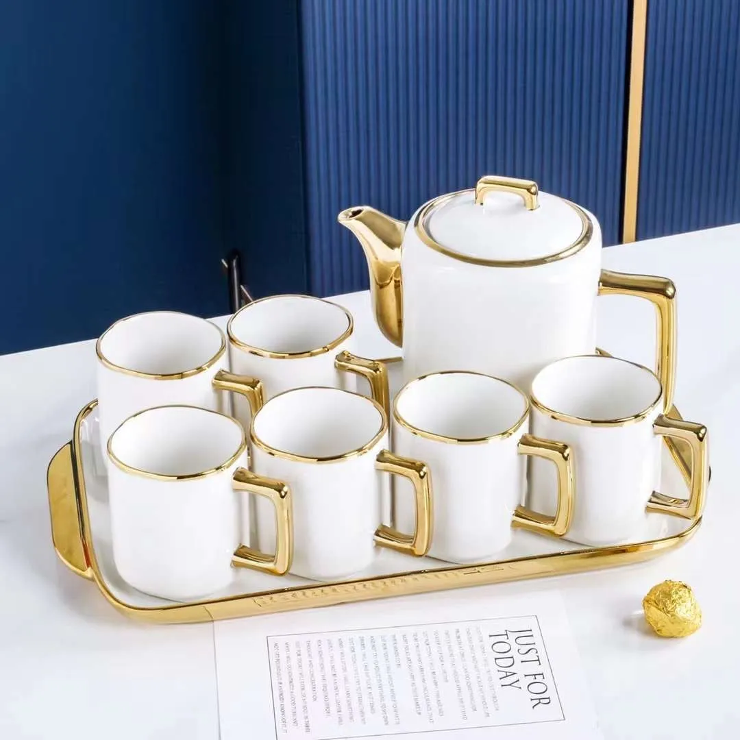 British Style Luxury Porcelain Tea Set With Tray - 8 Pcs