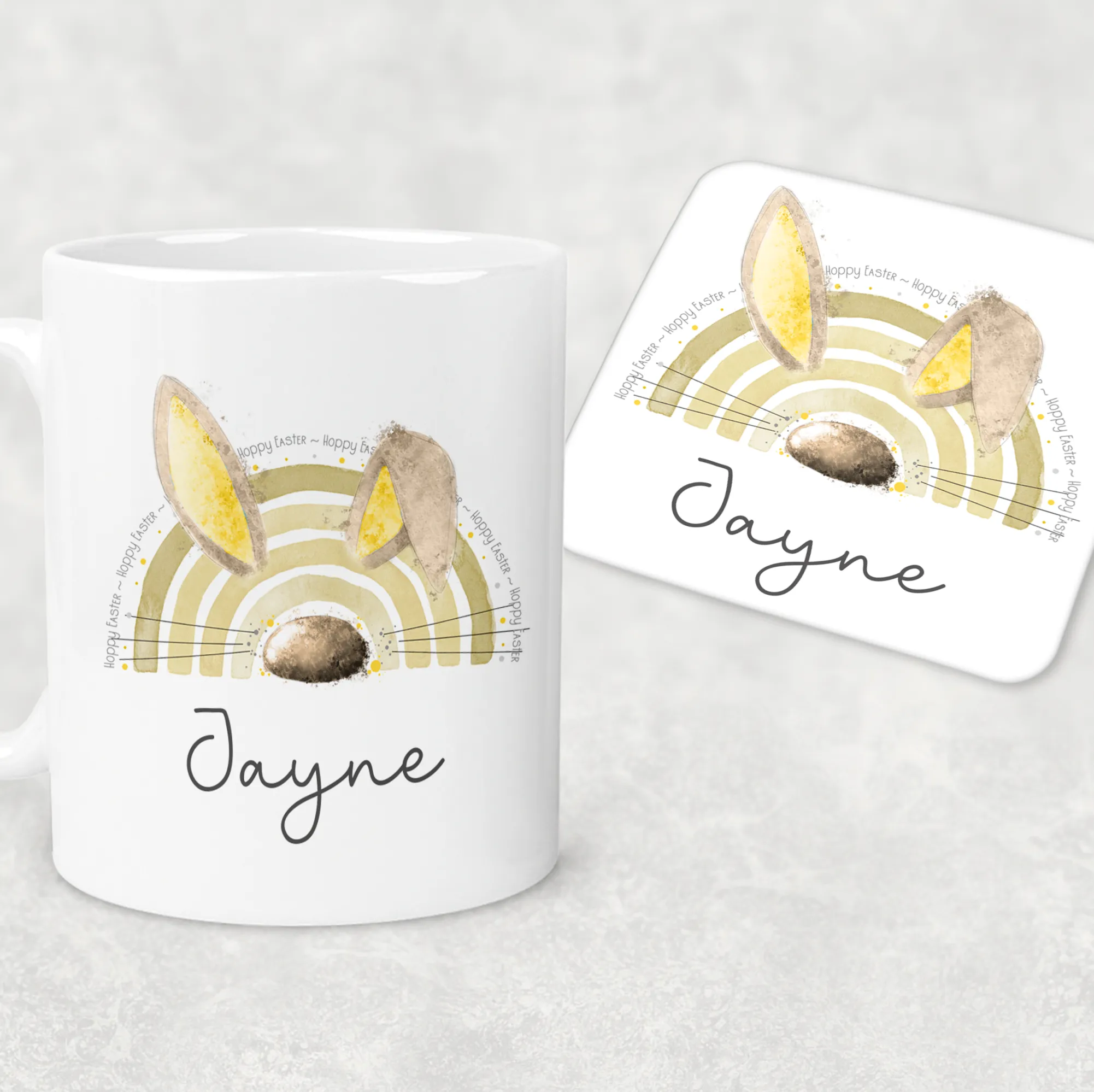 Bunnybow Hoppy Easter Bunny Rabbit Personalised Mug and Coaster Set