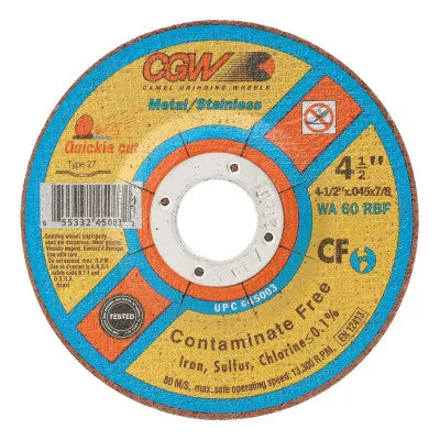 CGW Abrasives Contaminate Free Cut-Off Wheel, 4 1/2 in Dia, .045 in Thick, 60 Grit Alum. Oxide, 45003