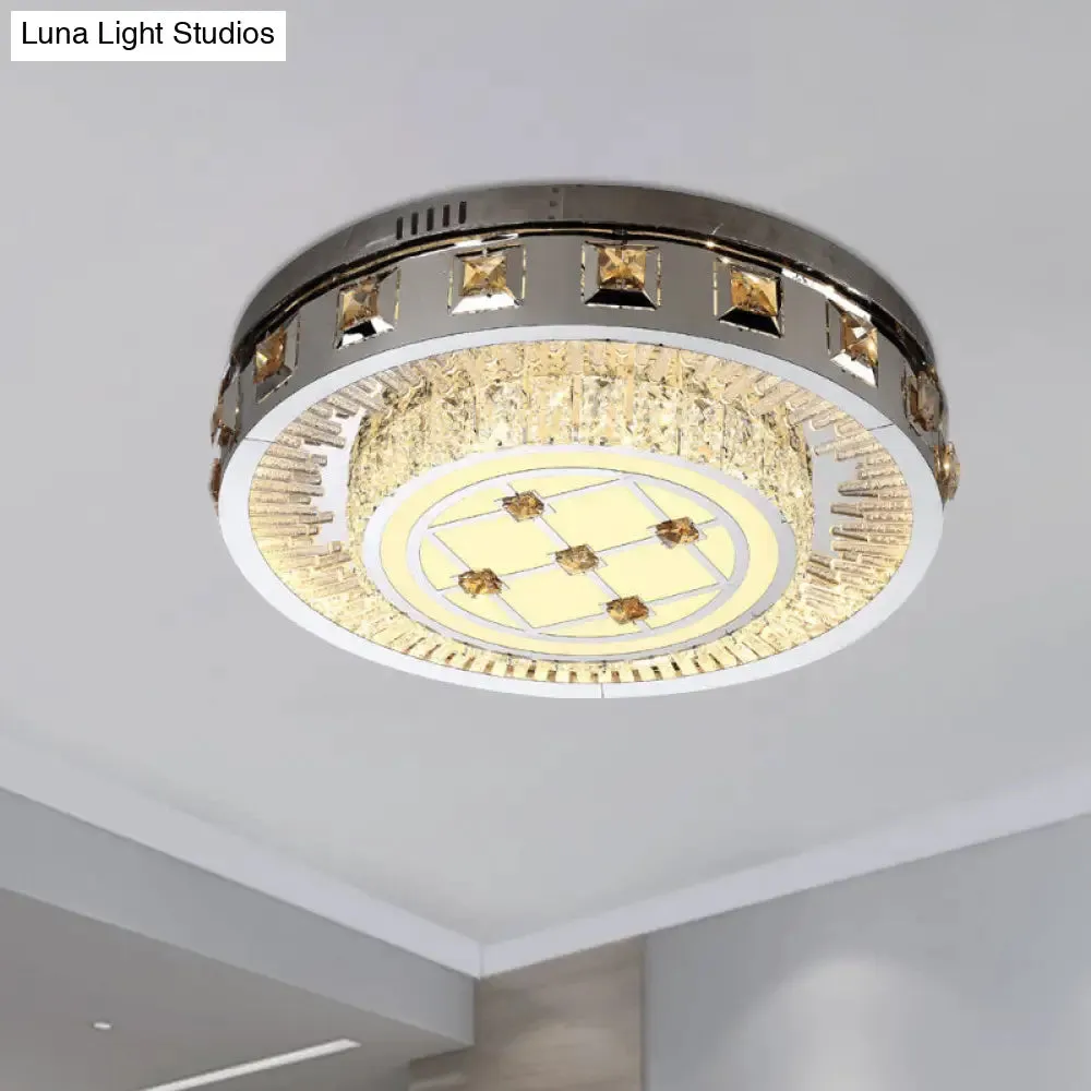 Contemporary LED Bedroom Lighting Fixture - Stainless Steel Flush Mount with Circular Crystal Blocks