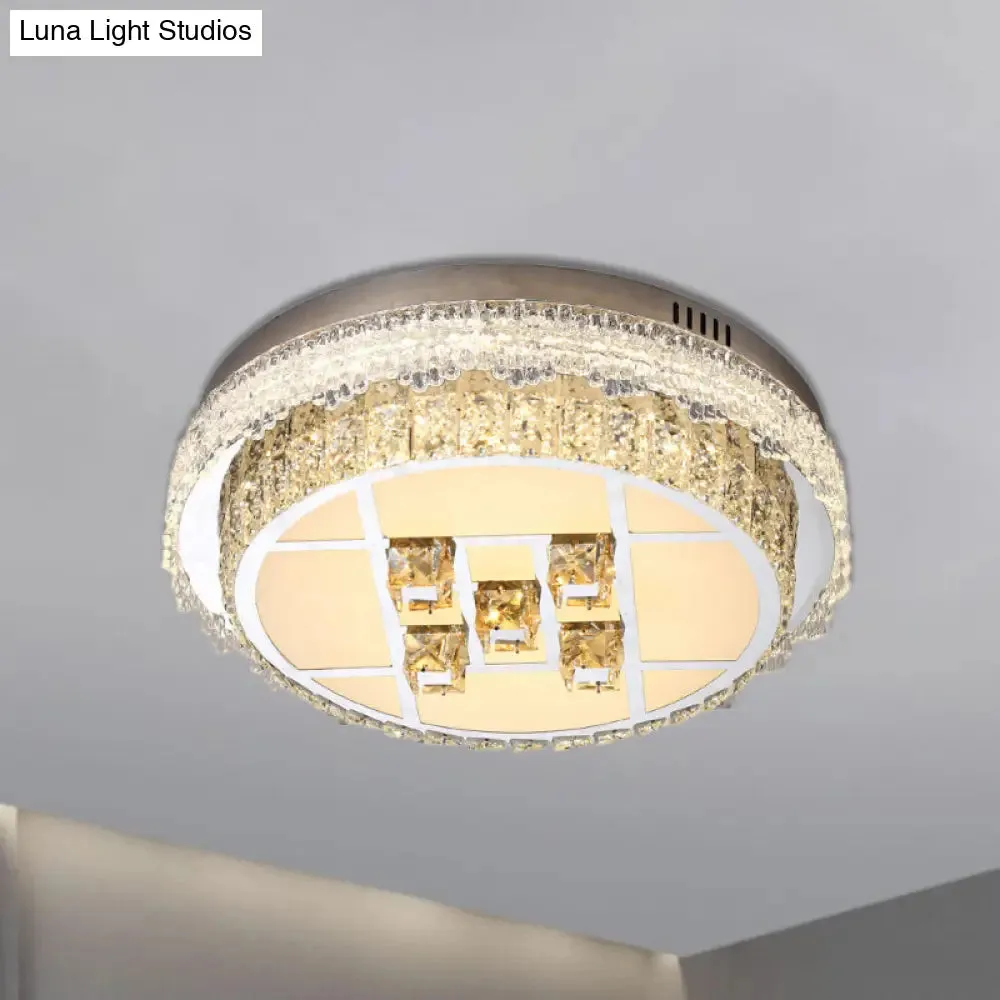 Contemporary LED Bedroom Lighting Fixture - Stainless Steel Flush Mount with Circular Crystal Blocks