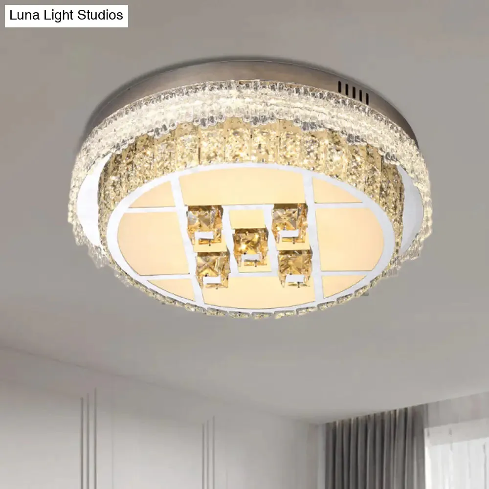 Contemporary LED Bedroom Lighting Fixture - Stainless Steel Flush Mount with Circular Crystal Blocks