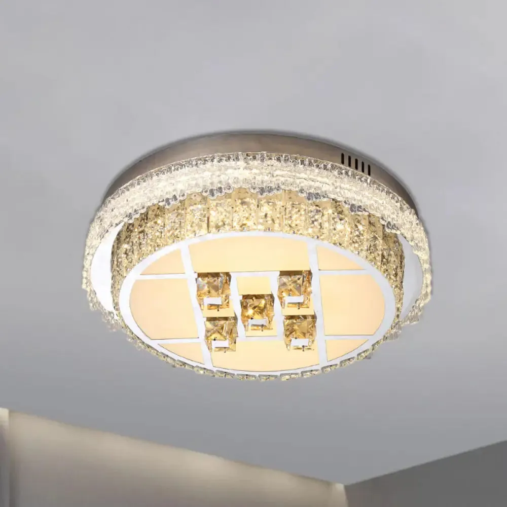 Contemporary LED Bedroom Lighting Fixture - Stainless Steel Flush Mount with Circular Crystal Blocks