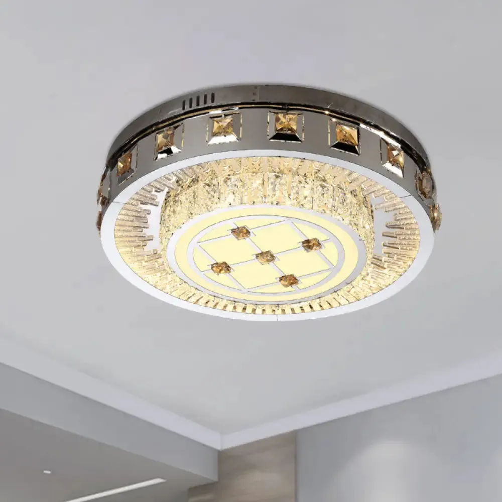 Contemporary LED Bedroom Lighting Fixture - Stainless Steel Flush Mount with Circular Crystal Blocks