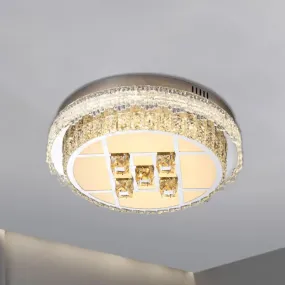 Contemporary LED Bedroom Lighting Fixture - Stainless Steel Flush Mount with Circular Crystal Blocks