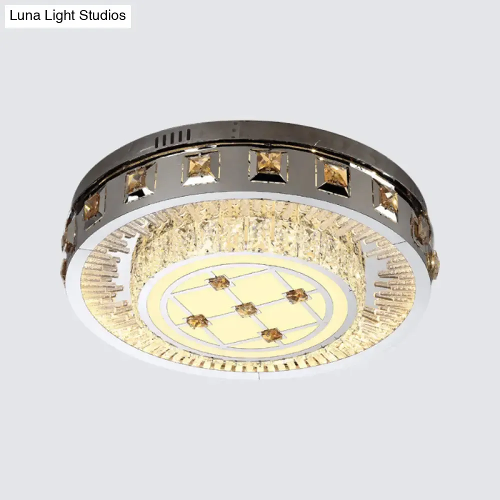 Contemporary LED Bedroom Lighting Fixture - Stainless Steel Flush Mount with Circular Crystal Blocks