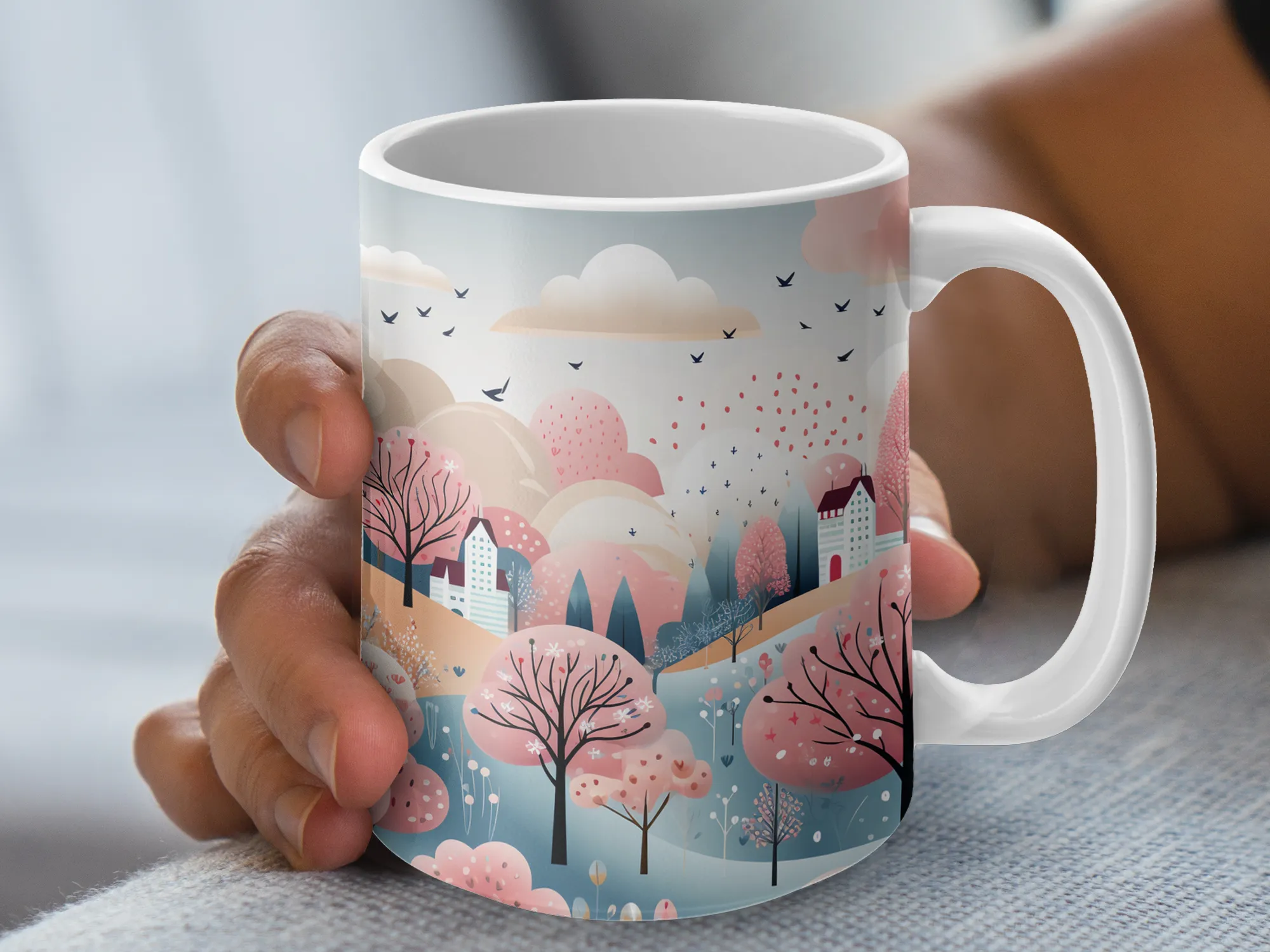 Cute Pink Blue White Landscape Design Mug, Mountain Mug, Nature Mug, Gift for Her, Gift for Him, , Mountains Cup, Travel Mug