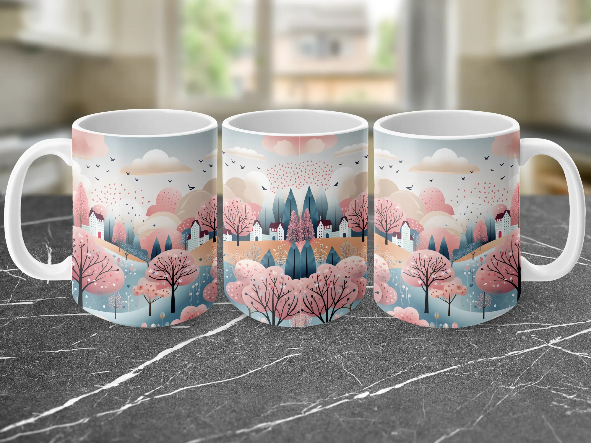 Cute Pink Blue White Landscape Design Mug, Mountain Mug, Nature Mug, Gift for Her, Gift for Him, , Mountains Cup, Travel Mug