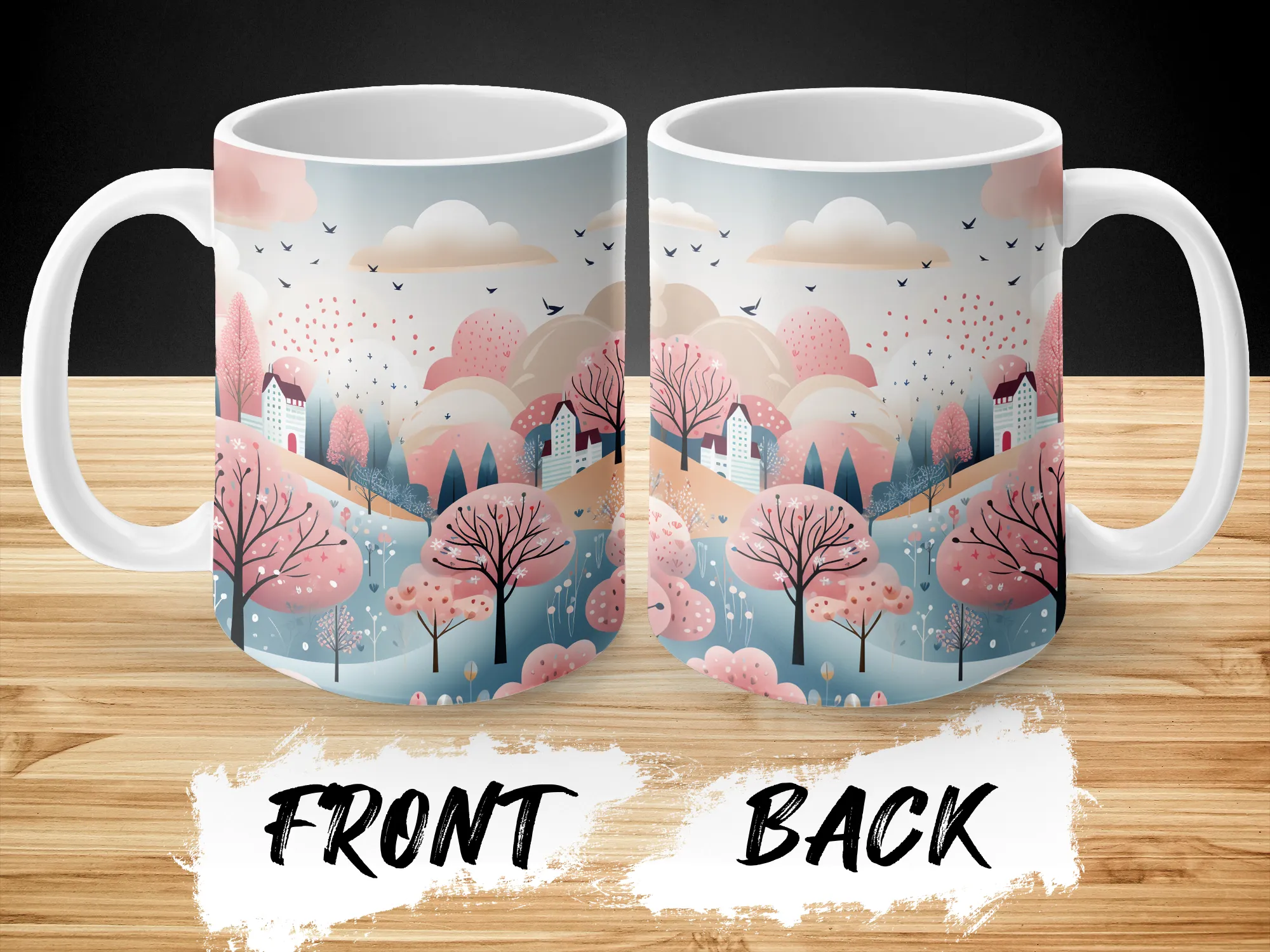 Cute Pink Blue White Landscape Design Mug, Mountain Mug, Nature Mug, Gift for Her, Gift for Him, , Mountains Cup, Travel Mug