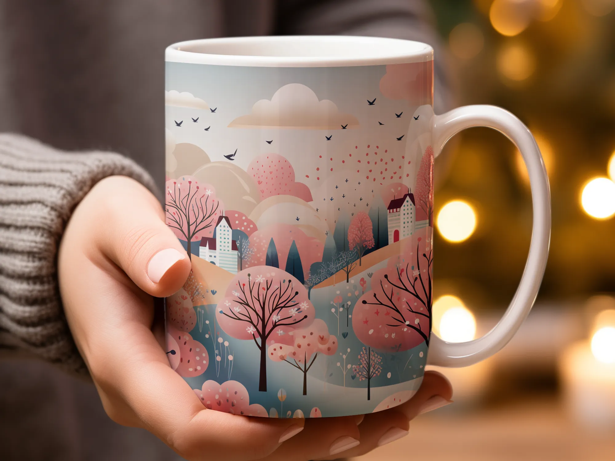 Cute Pink Blue White Landscape Design Mug, Mountain Mug, Nature Mug, Gift for Her, Gift for Him, , Mountains Cup, Travel Mug