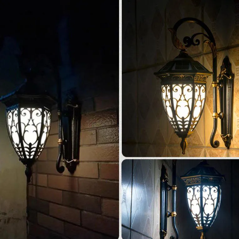 European Retro Solar Carved Lantern Aluminum Glass LED Outdoor Waterproof Wall Sconce Lamp