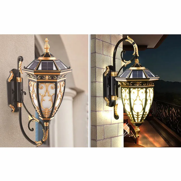 European Retro Solar Carved Lantern Aluminum Glass LED Outdoor Waterproof Wall Sconce Lamp