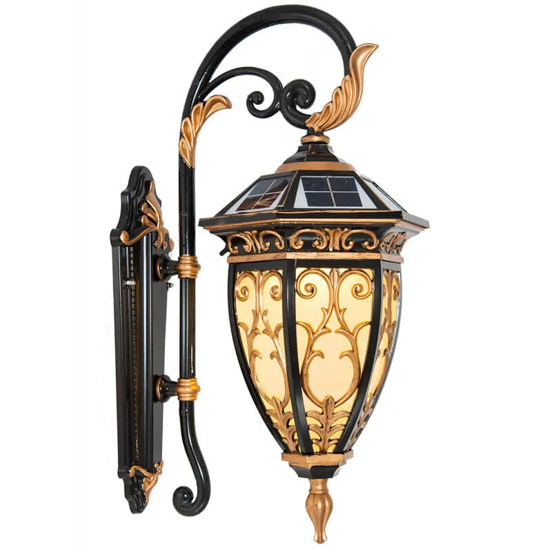 European Retro Solar Carved Lantern Aluminum Glass LED Outdoor Waterproof Wall Sconce Lamp