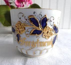 Fancy Victorian Mustache Mug Forget Me Not Gold Cobalt Blue 1890s Cup