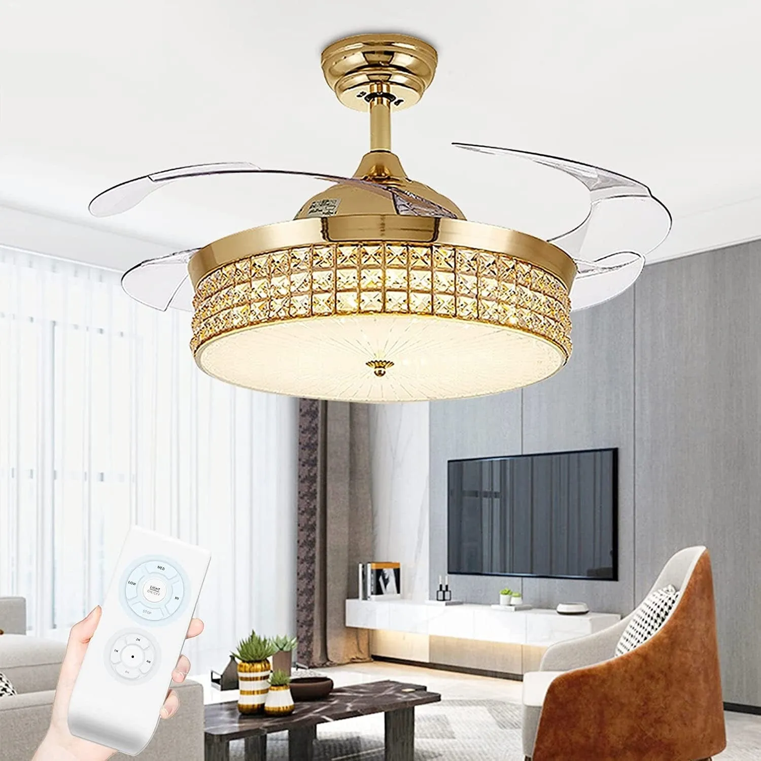 Fandelier Crystal Chandelier Ceiling Fan with Remote Control