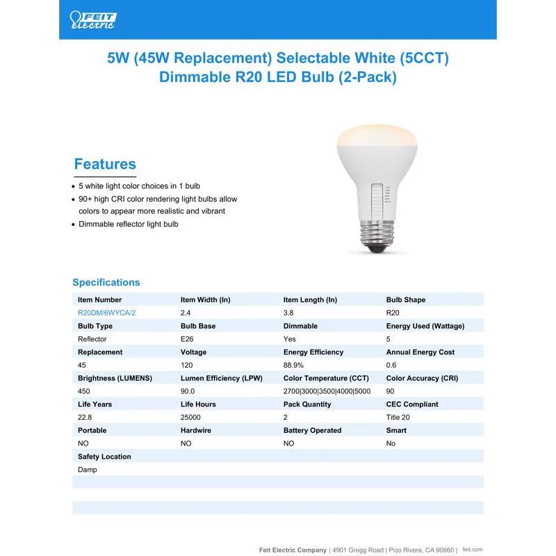 Feit LED R20 E26 (Medium) LED Bulb White 45 Watt Equivalence 2 pk