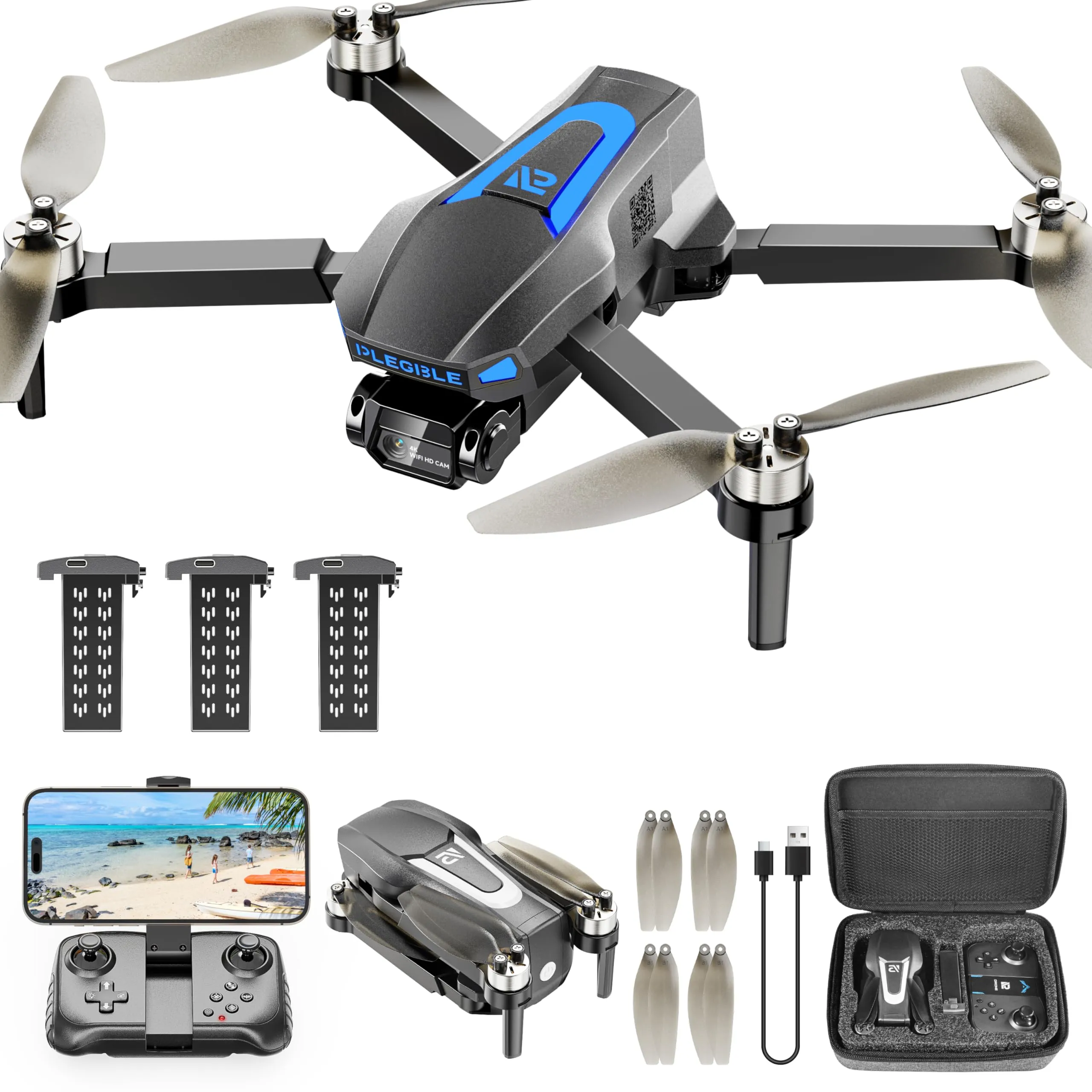 FPV Foldable RC Quadcopter with 3 Batteries, 45 Mins Long Flight Time, Beyond-Range Loss Alert