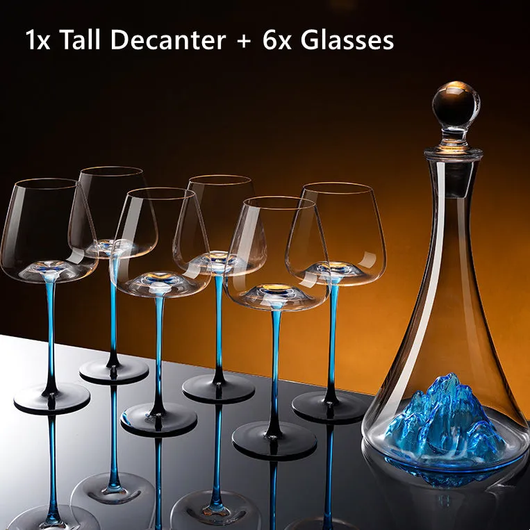 Handcrafted Blue Stem Burgundy Wine Glass With Blue Mountain Wine Decanter Sets