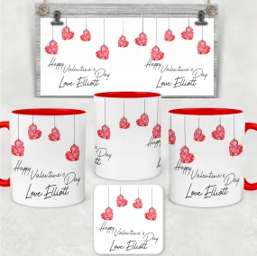 Hanging Hearts Red Valentine's Day Personalised Mug and Coaster Set