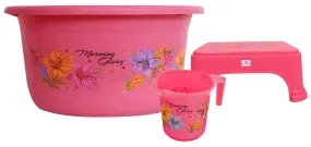 Heart Home Printed 3 Pieces Plastic Mug, Tub & Stool Set (Pink)