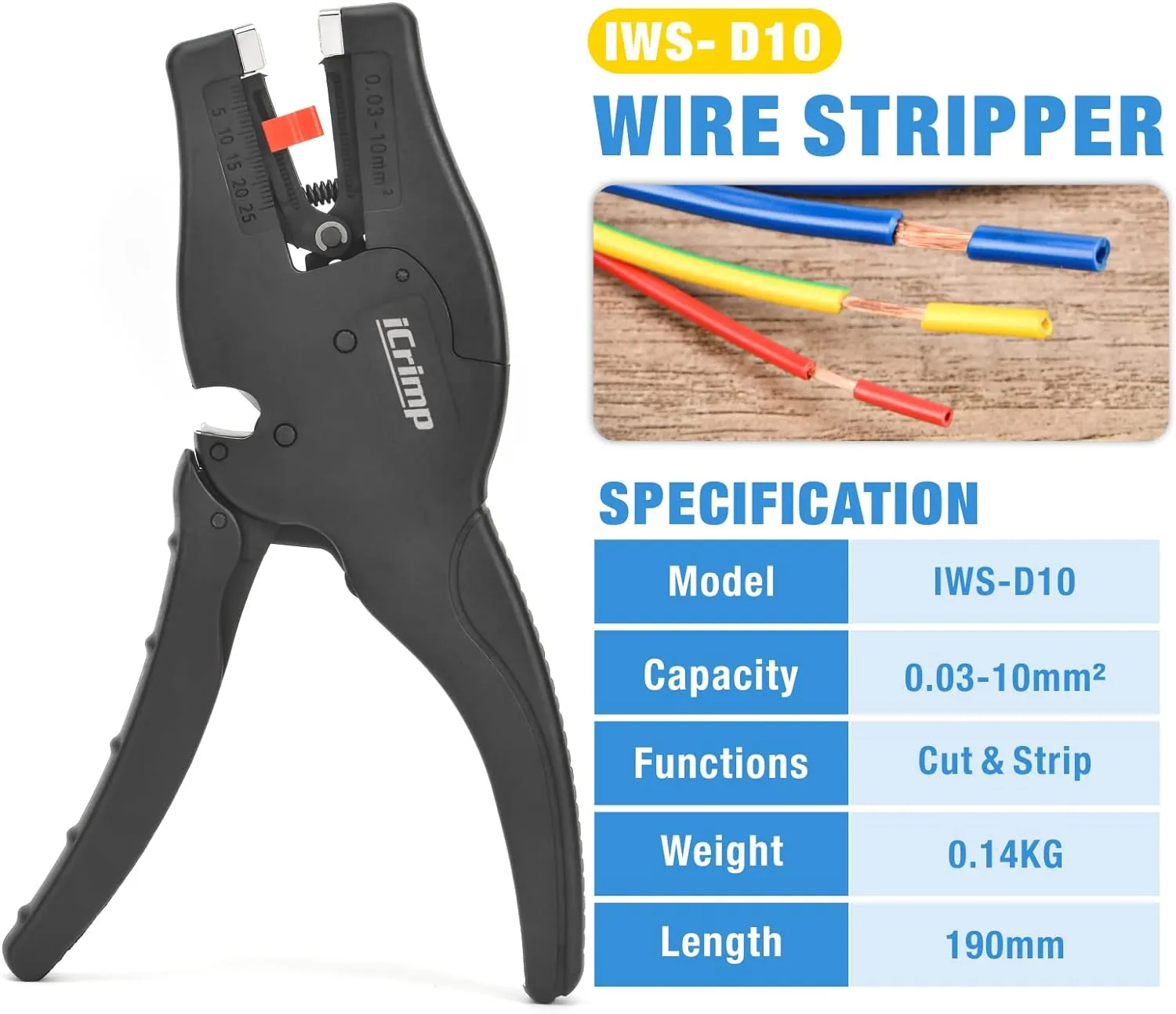 IWS-D10 Wire Stripper with Built-In Cutter, Multifunctional Wire Stripping Tool & Cutting Tool For 0.03-10mm²