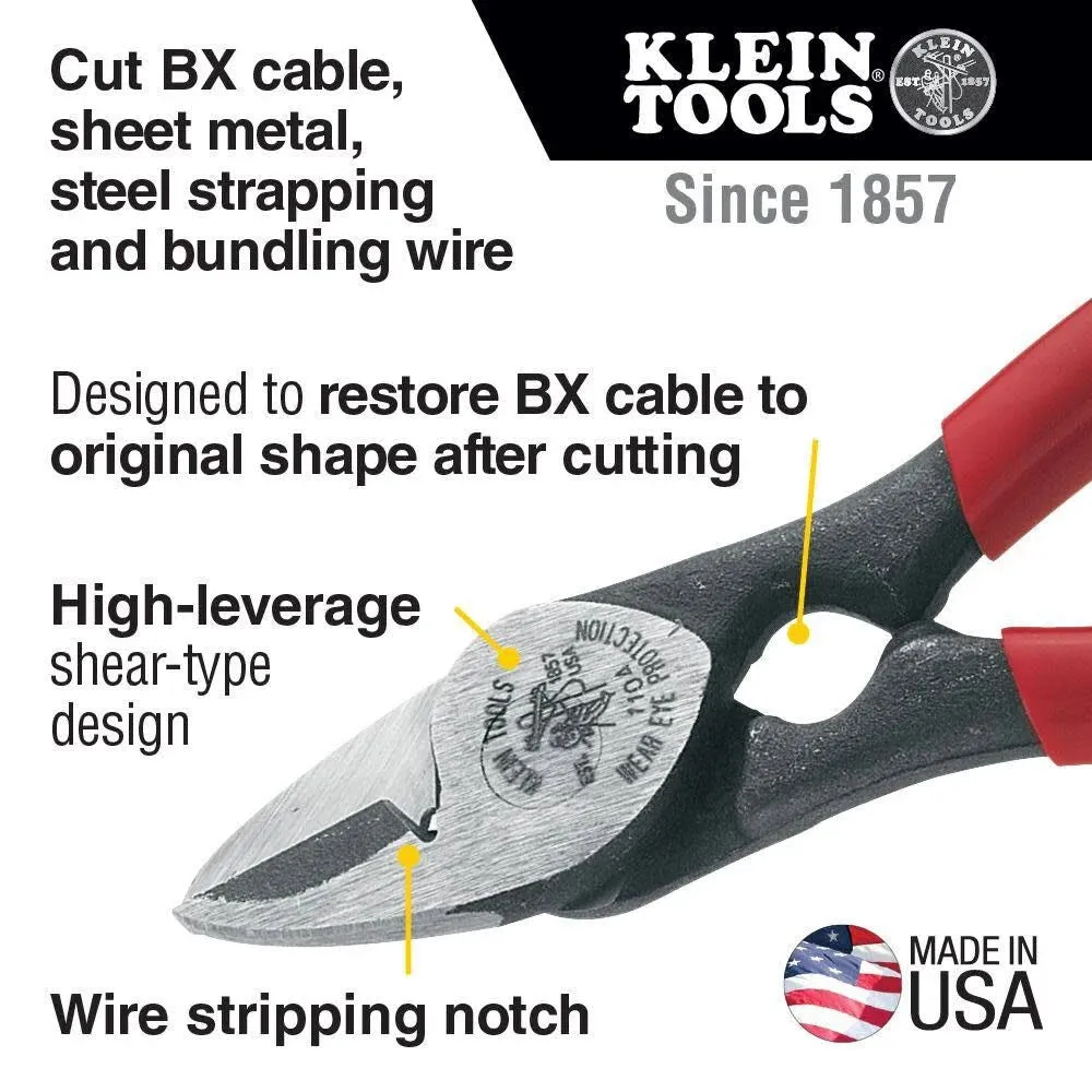 Klein Tools 1104 BX Cable Cutter and All-Purpose Shears, Made in USA, BX Cable, Sheet Metal, Steel Strapping, Bundling Wire, with Stripping Notch