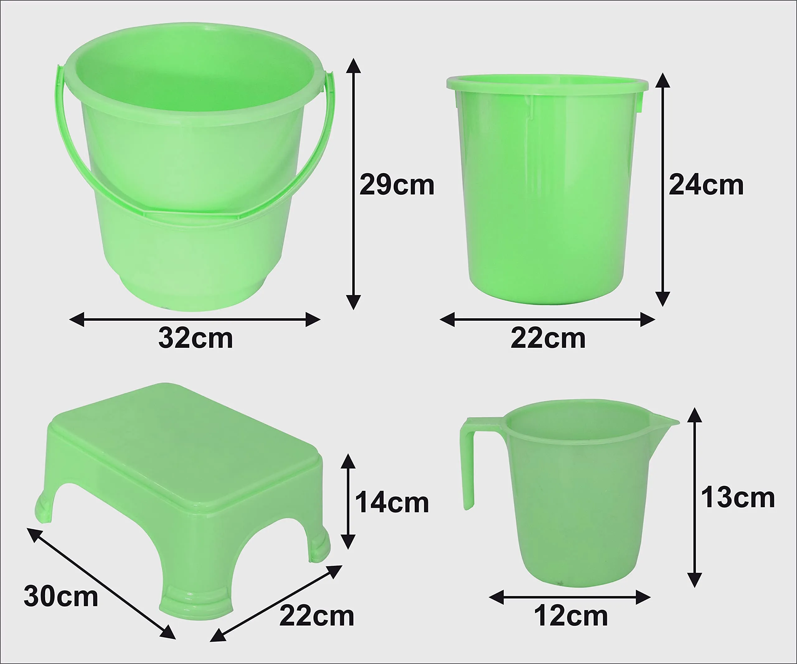 Kuber Industries 4 Pieces Plastic Bucket, Dustbin, Mug & Stool Set (Green)