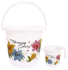 Kuber Industries Printed 2 Pieces Plastic Bathroom Bucket & Mug Set (White)