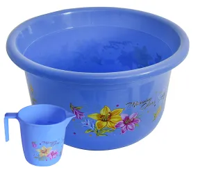 Kuber Industries Printed 2 Pieces Plastic Bathroom Tub & Mug Set (Blue)