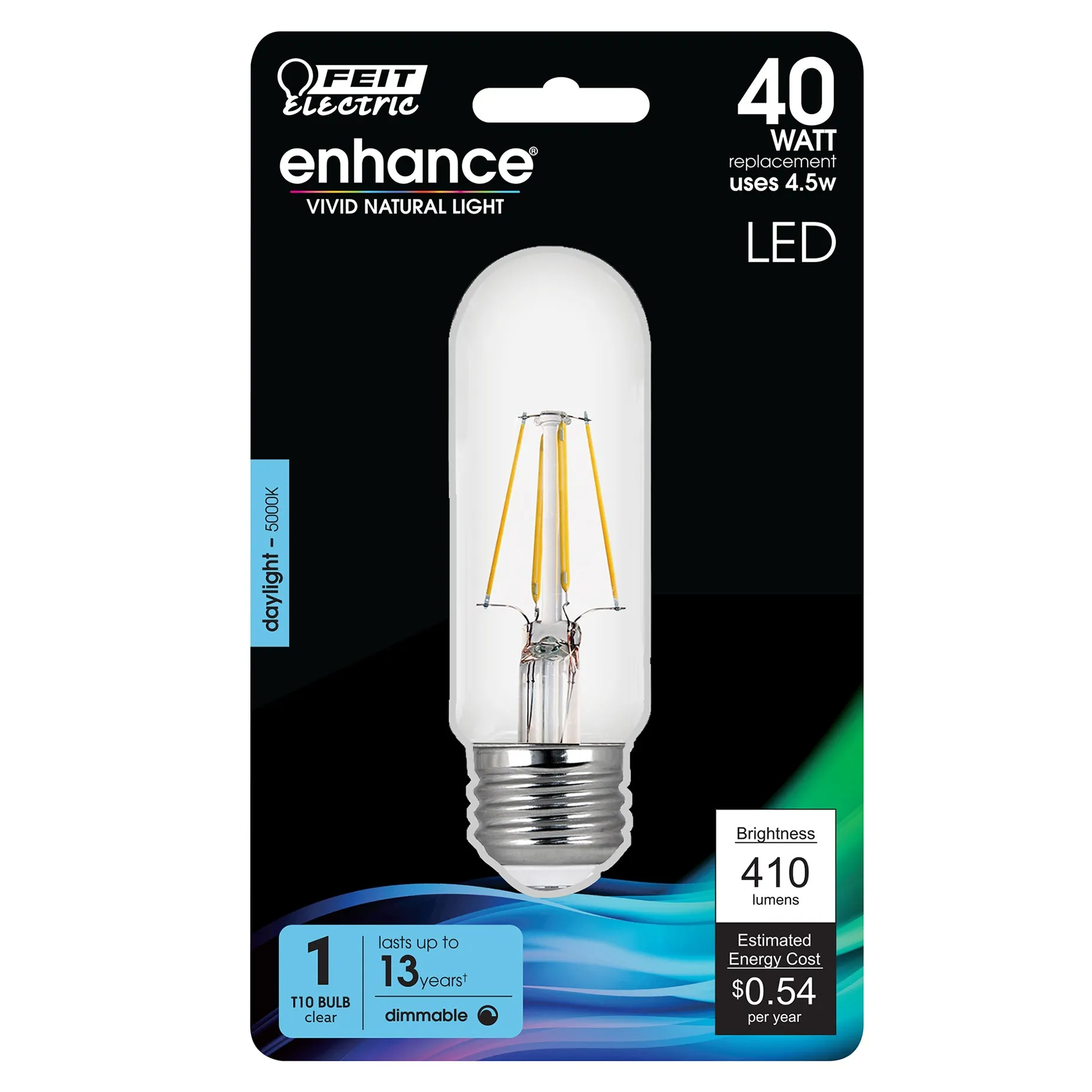 LED Light Bulb, 40W, E26, T10 Tubular, Filament , Medium Base, Clear, 410 Lumens, CEC Compliant